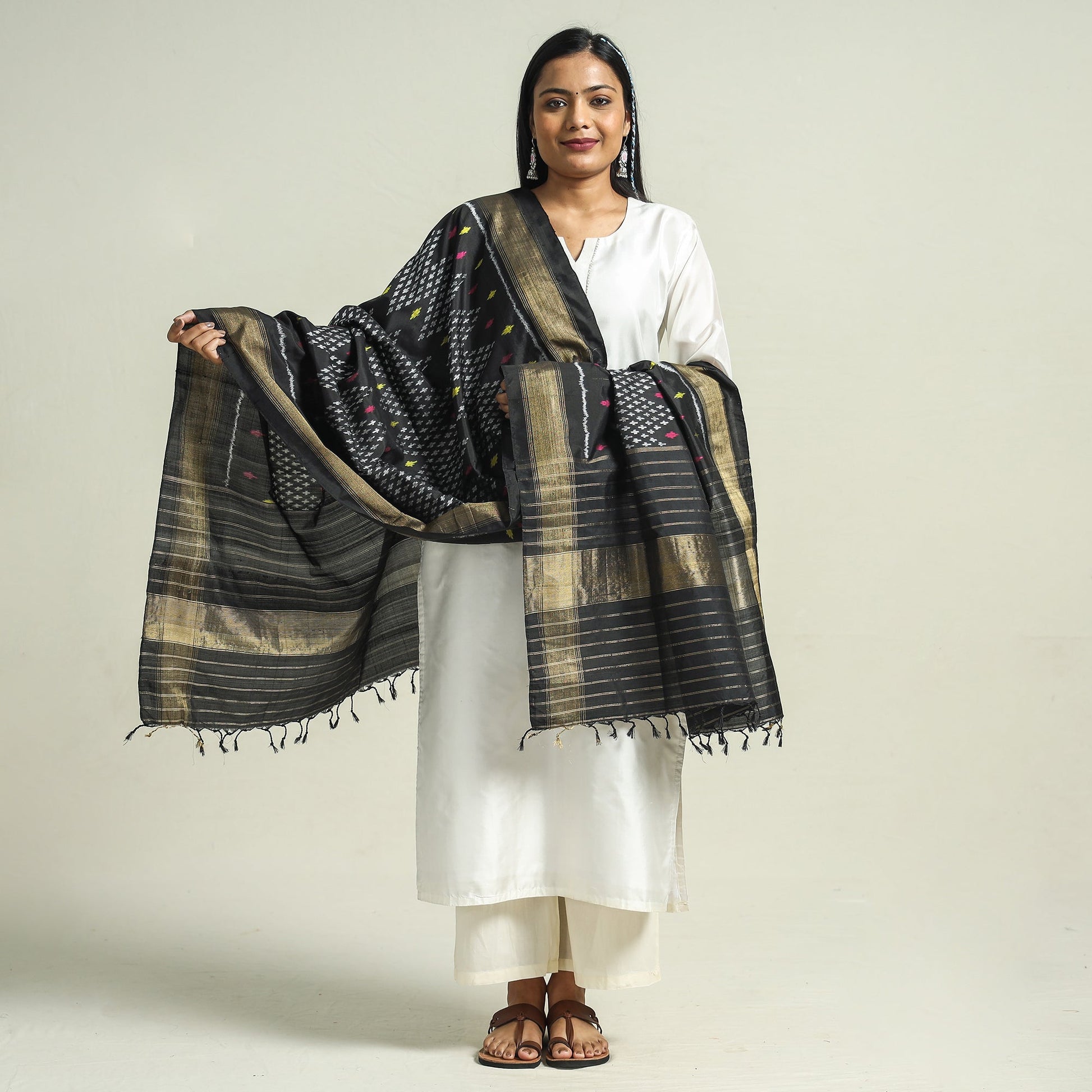 Black - Handwoven Pochampally Ikat Pure Mulberry Silk Dupatta with Tassels
