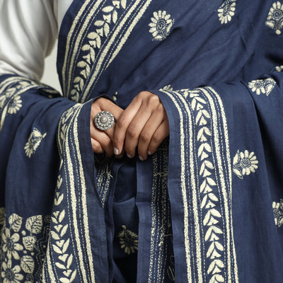 Blue - Bolpur Kantha Embroidery Cotton Handloom Dupatta with Tassels