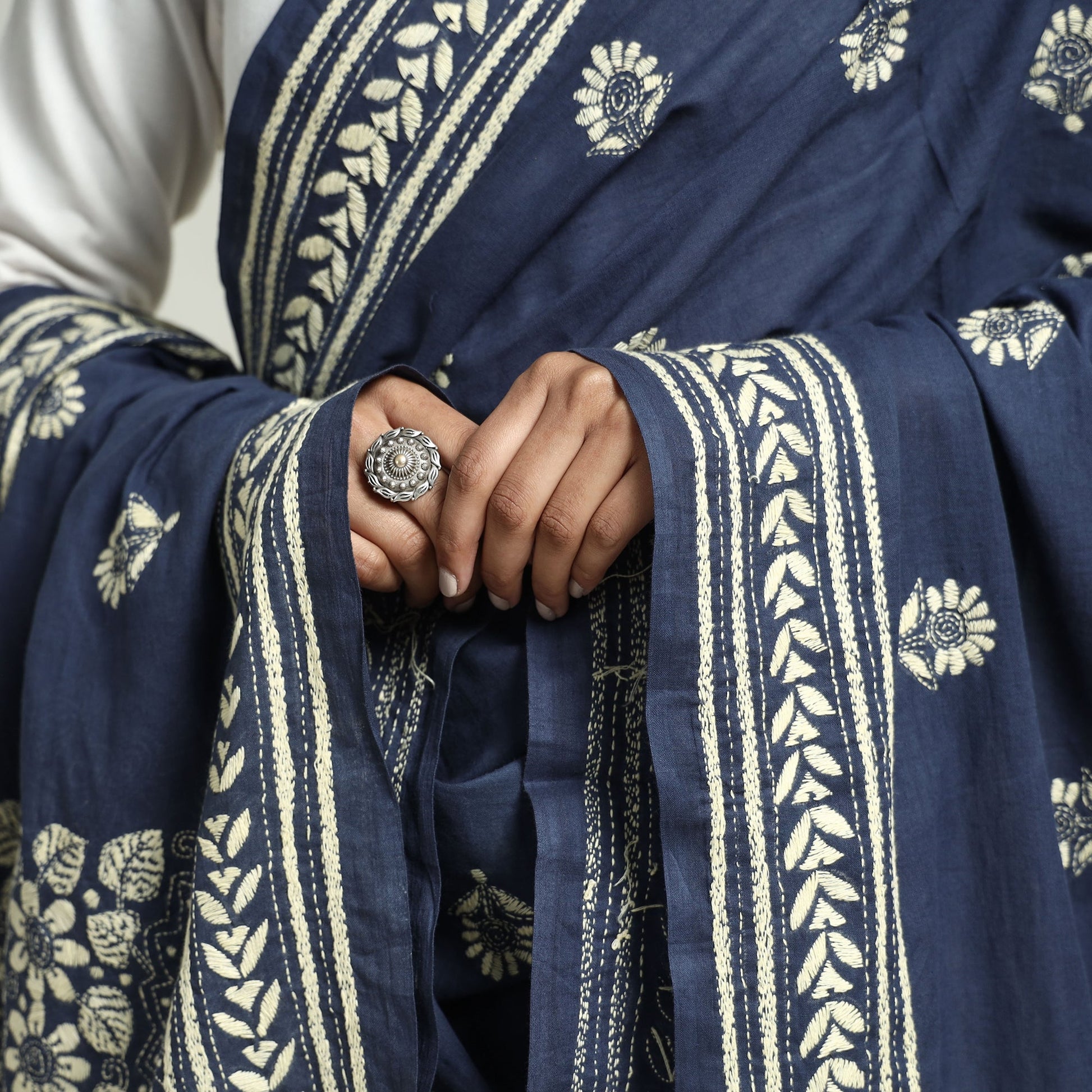 Blue - Bolpur Kantha Embroidery Cotton Handloom Dupatta with Tassels