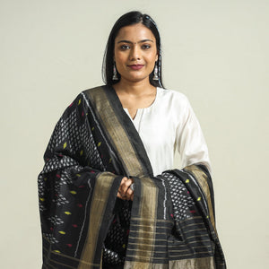 Black - Handwoven Pochampally Ikat Pure Mulberry Silk Dupatta with Tassels