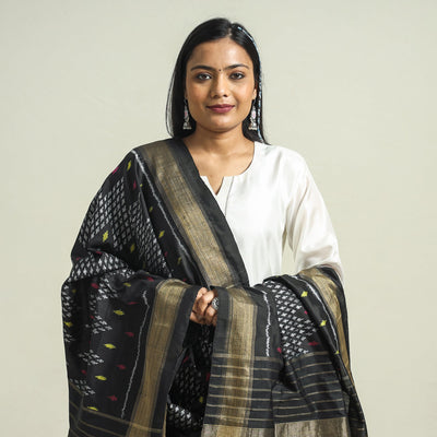 Black - Handwoven Pochampally Ikat Pure Mulberry Silk Dupatta with Tassels