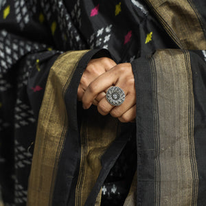 Black - Handwoven Pochampally Ikat Pure Mulberry Silk Dupatta with Tassels