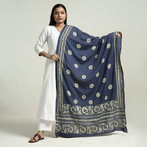 Blue - Bolpur Kantha Embroidery Cotton Handloom Dupatta with Tassels