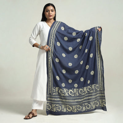 Blue - Bolpur Kantha Embroidery Cotton Handloom Dupatta with Tassels