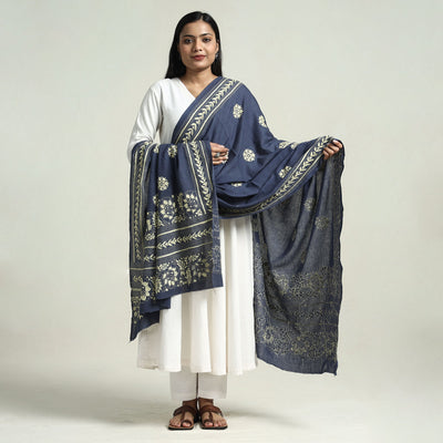 Blue - Bolpur Kantha Embroidery Cotton Handloom Dupatta with Tassels