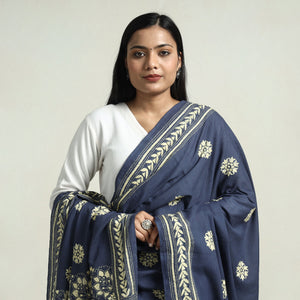 Blue - Bolpur Kantha Embroidery Cotton Handloom Dupatta with Tassels