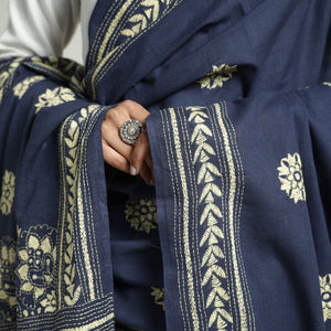 Blue - Bolpur Kantha Embroidery Cotton Handloom Dupatta with Tassels