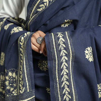 Blue - Bolpur Kantha Embroidery Cotton Handloom Dupatta with Tassels