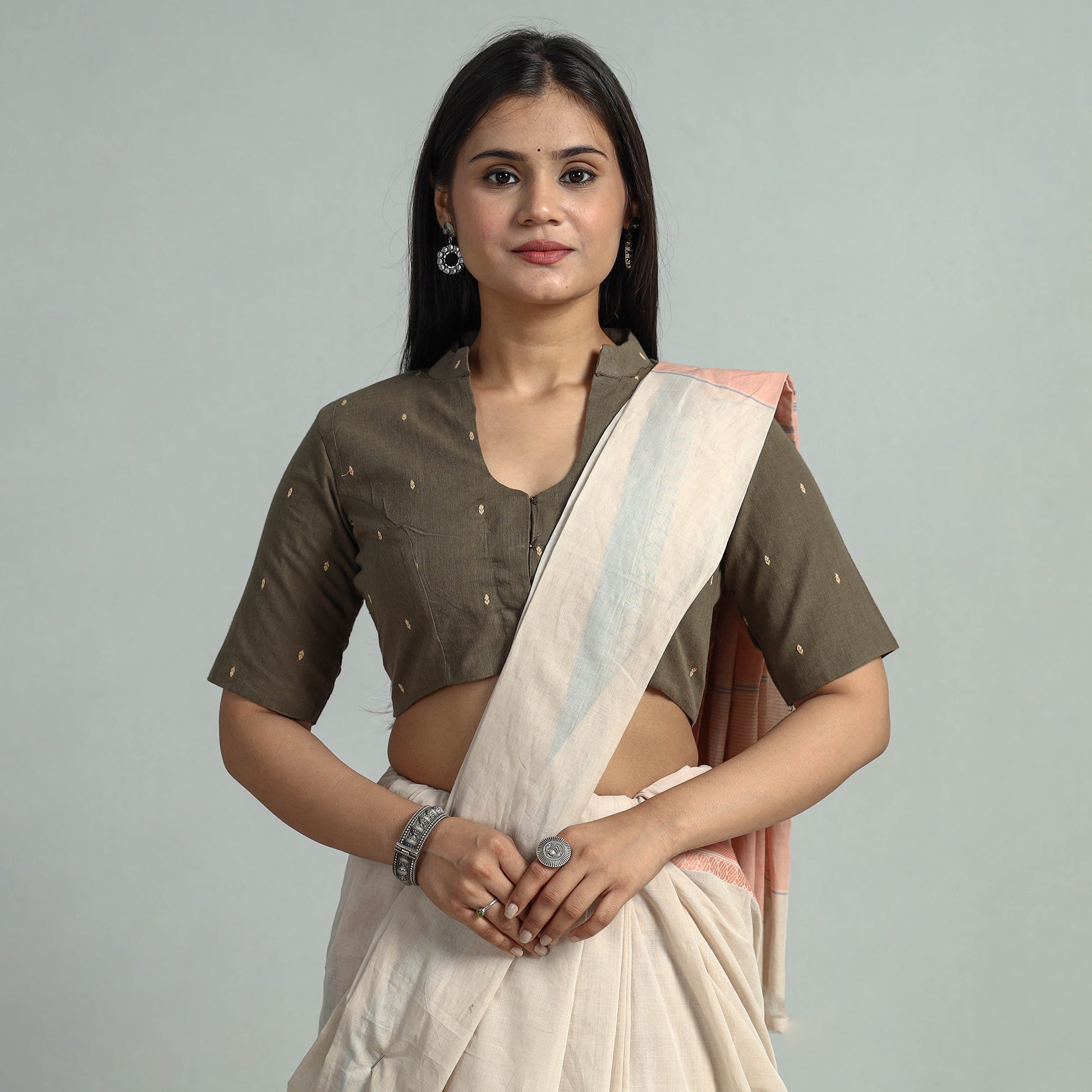 Brown - Jacquard Weave Cotton Stitched Blouse 05