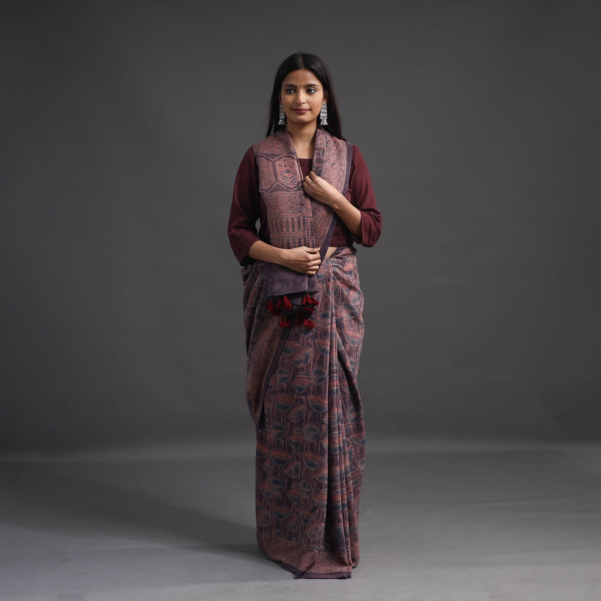 Brown - Merino Wool Block Print Ajrakh Saree with Tassels 06