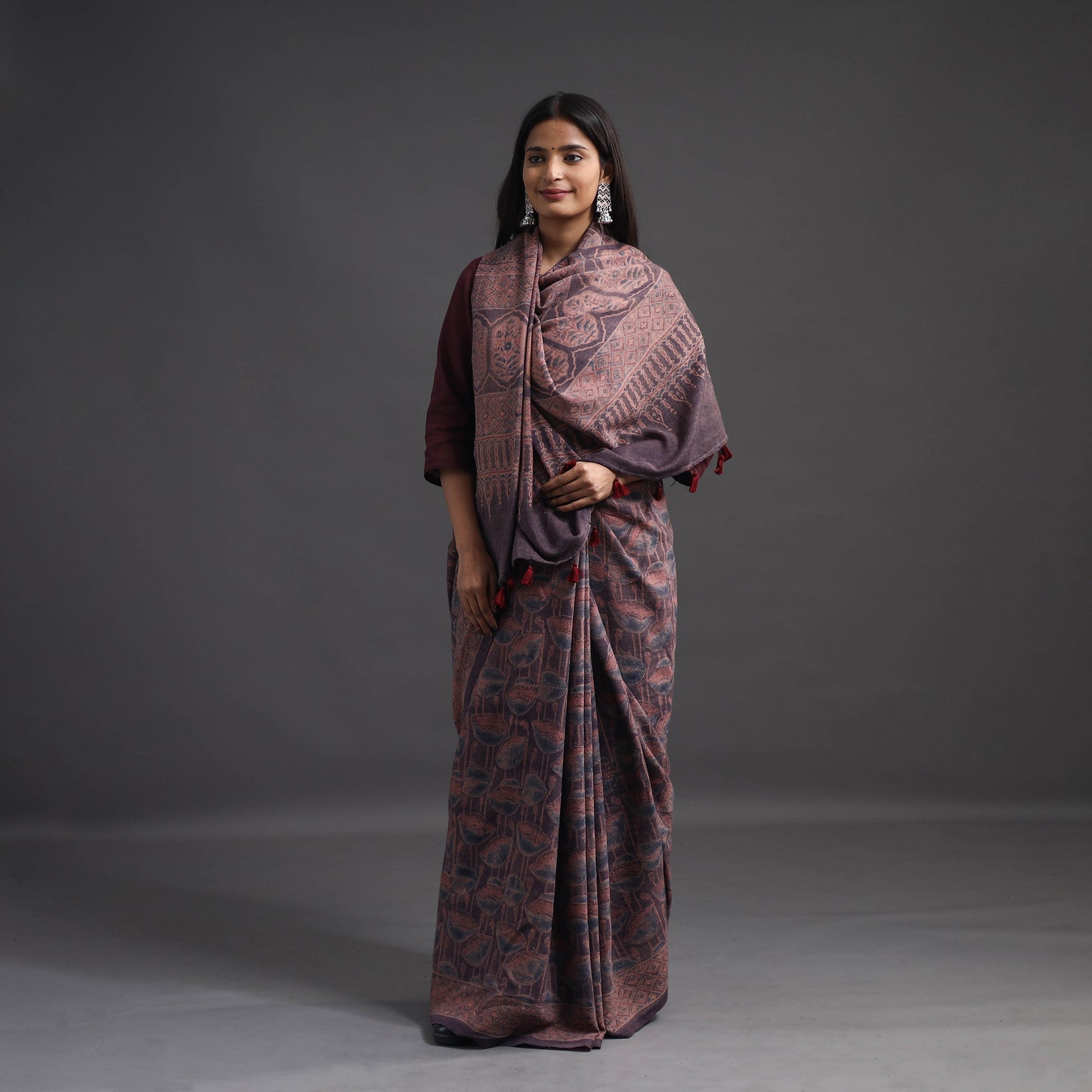 Brown - Merino Wool Block Print Ajrakh Saree with Tassels 06