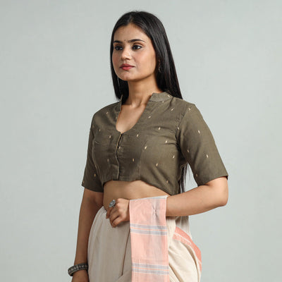Brown - Jacquard Weave Cotton Stitched Blouse 05