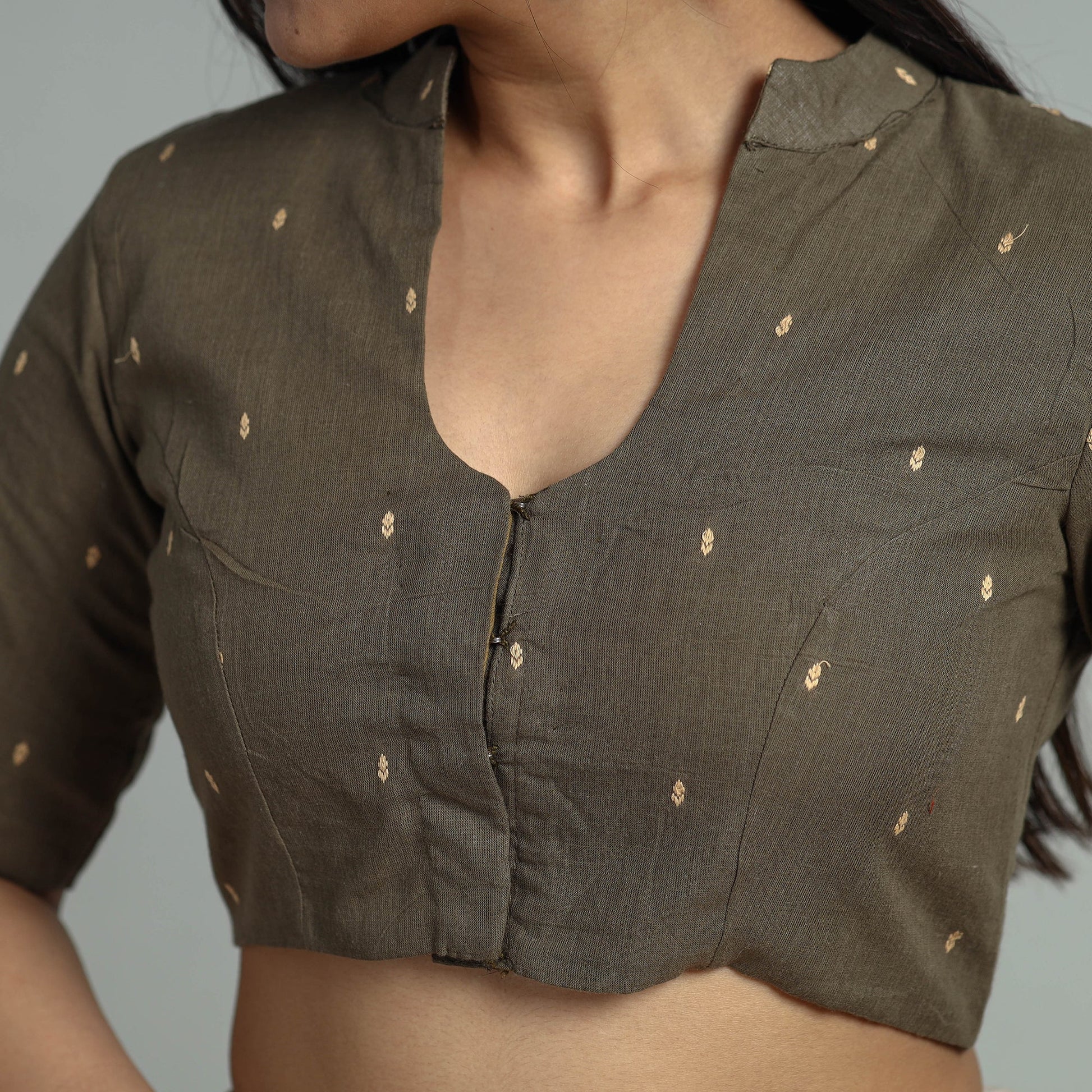 Brown - Jacquard Weave Cotton Stitched Blouse 05