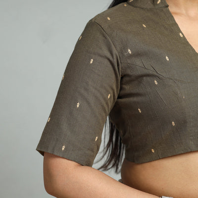 Brown - Jacquard Weave Cotton Stitched Blouse 05
