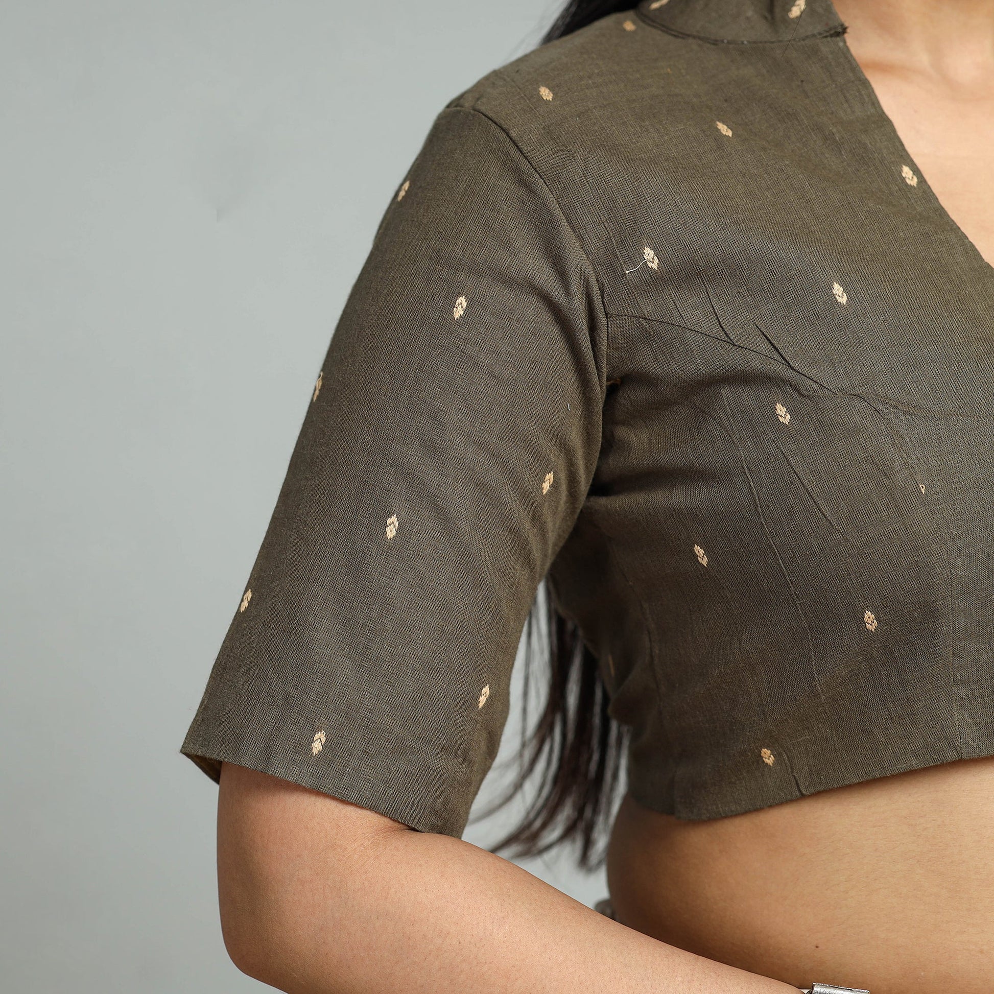 Brown - Jacquard Weave Cotton Stitched Blouse 05