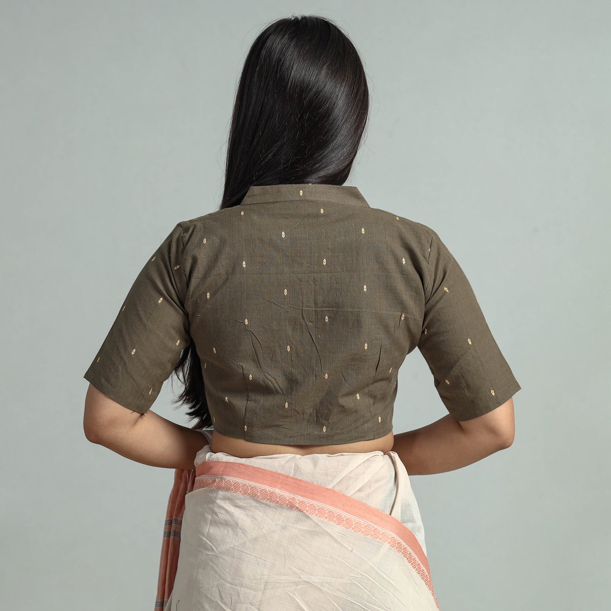 Brown - Jacquard Weave Cotton Stitched Blouse 05