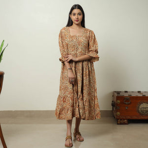 Beige - Kalamkari Block Printed Cotton Tiered Dress 10