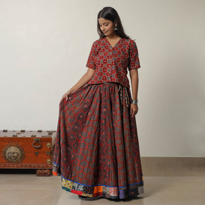 Brown - Ajrakh Block Printed 24 Kali Patchwork Cotton Long Skirt 06