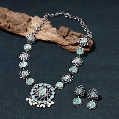 Antique Silver Finish Oxidised Brass Base Stone Work Necklace Set