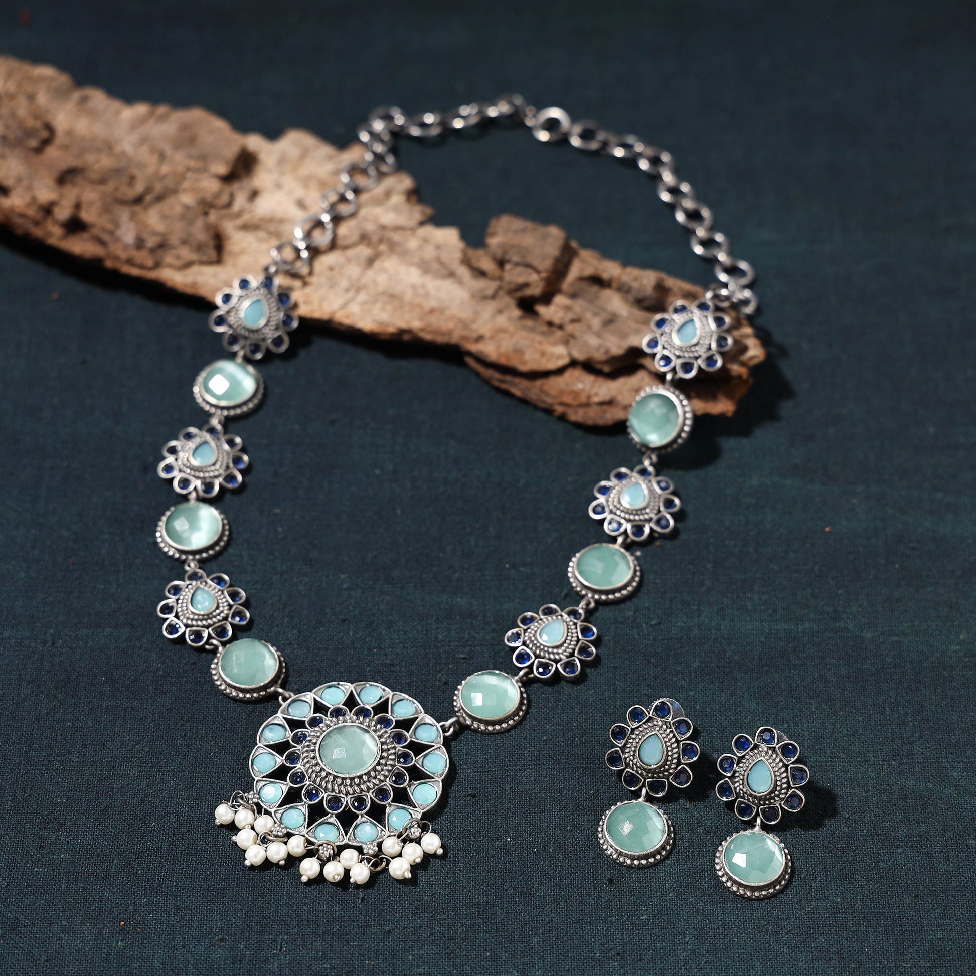 Antique Silver Finish Oxidised Brass Base Stone Work Necklace Set