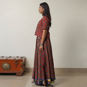 Brown - Ajrakh Block Printed 24 Kali Patchwork Cotton Long Skirt 06