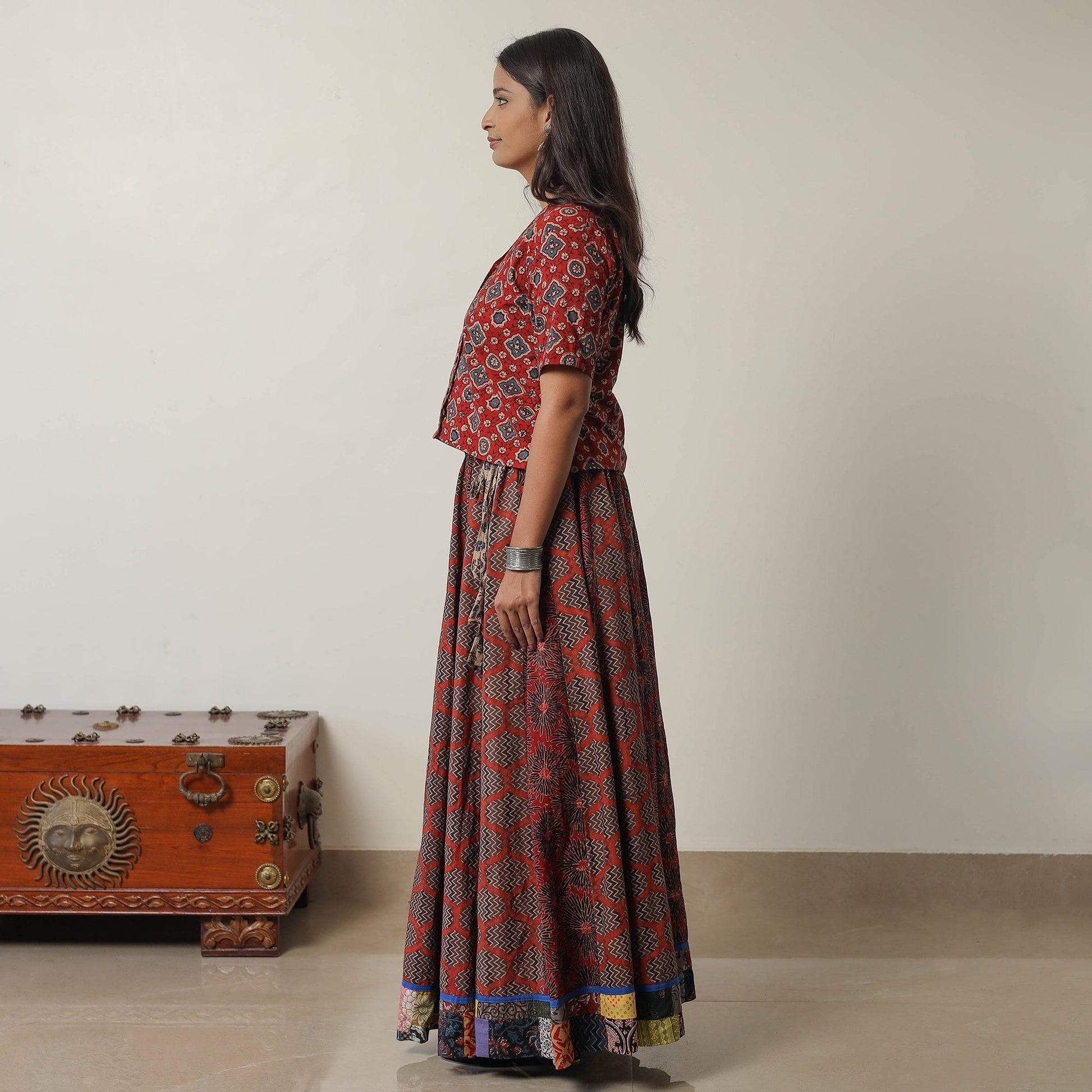 Brown - Ajrakh Block Printed 24 Kali Patchwork Cotton Long Skirt 06