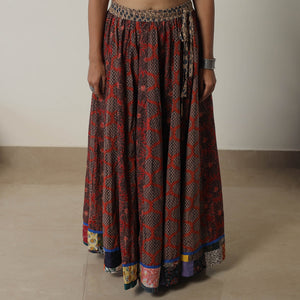 Brown - Ajrakh Block Printed 24 Kali Patchwork Cotton Long Skirt 06