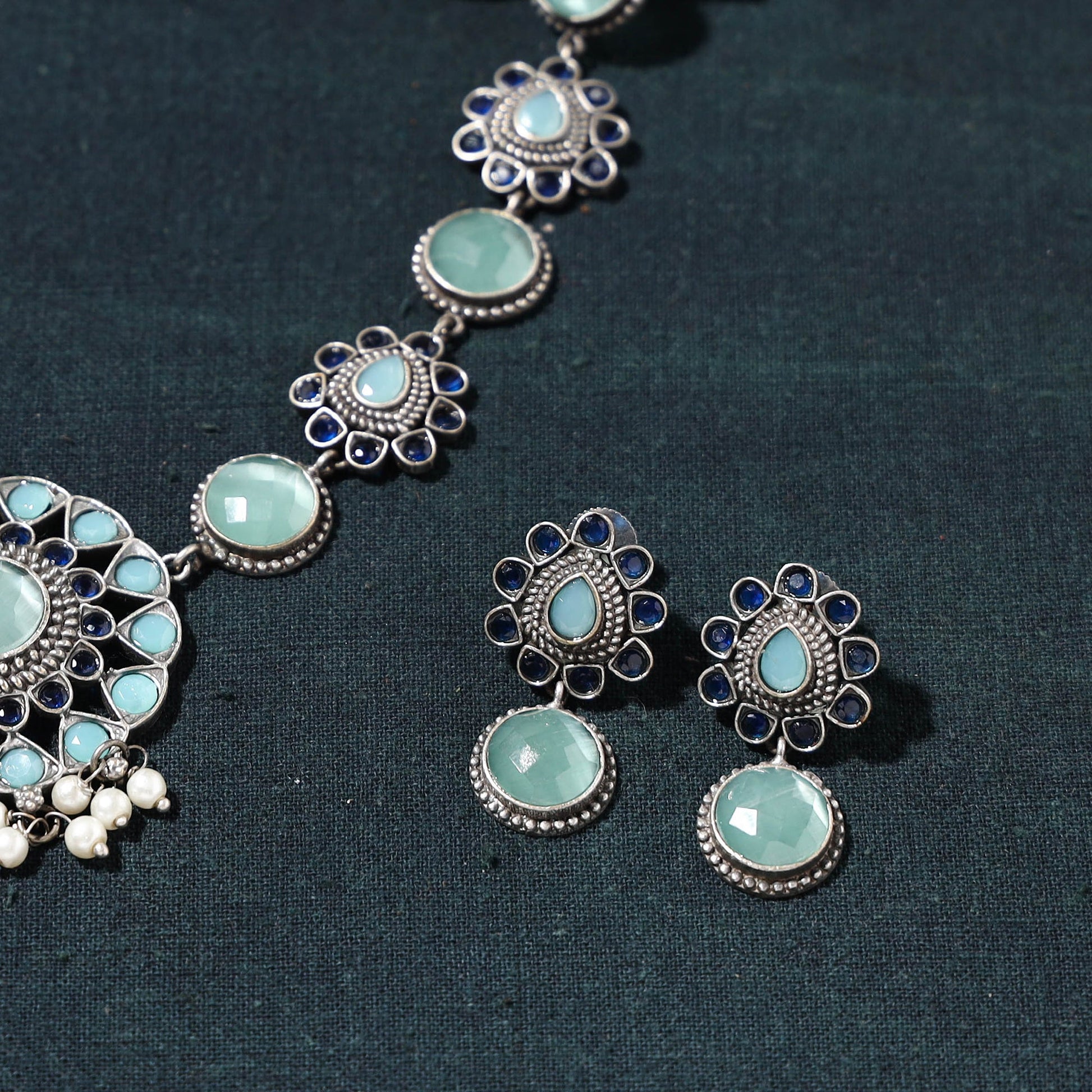 Antique Silver Finish Oxidised Brass Base Stone Work Necklace Set