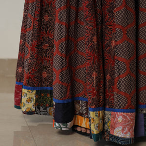 Brown - Ajrakh Block Printed 24 Kali Patchwork Cotton Long Skirt 06