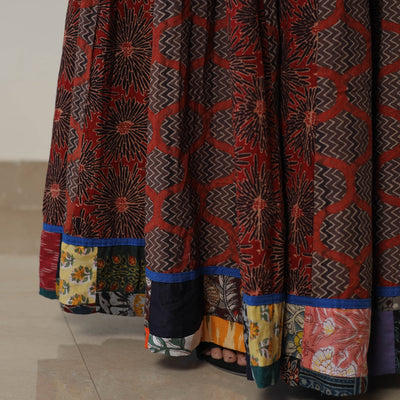 Brown - Ajrakh Block Printed 24 Kali Patchwork Cotton Long Skirt 06