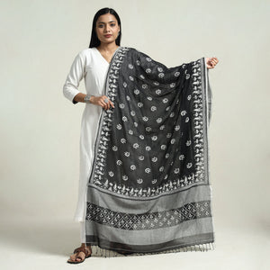 Black - Bolpur Kantha Embroidery Cotton Handloom Dupatta with Tassels