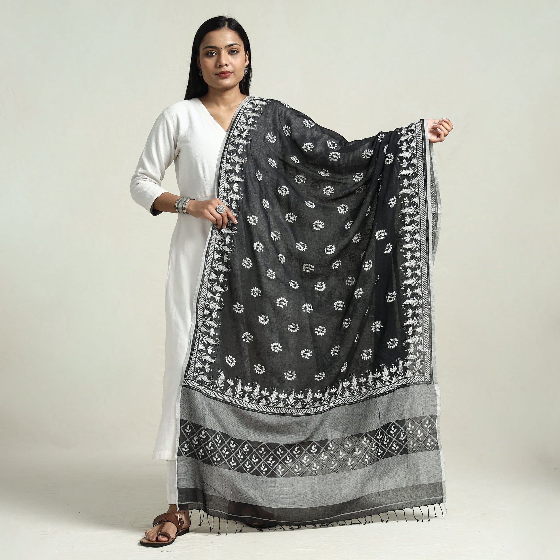 Black - Bolpur Kantha Embroidery Cotton Handloom Dupatta with Tassels