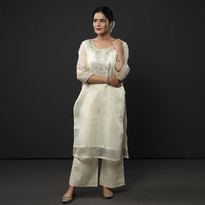 Beige - Cream Kota Doria Pure Silk Kurta with Palazzo & Dupatta Set