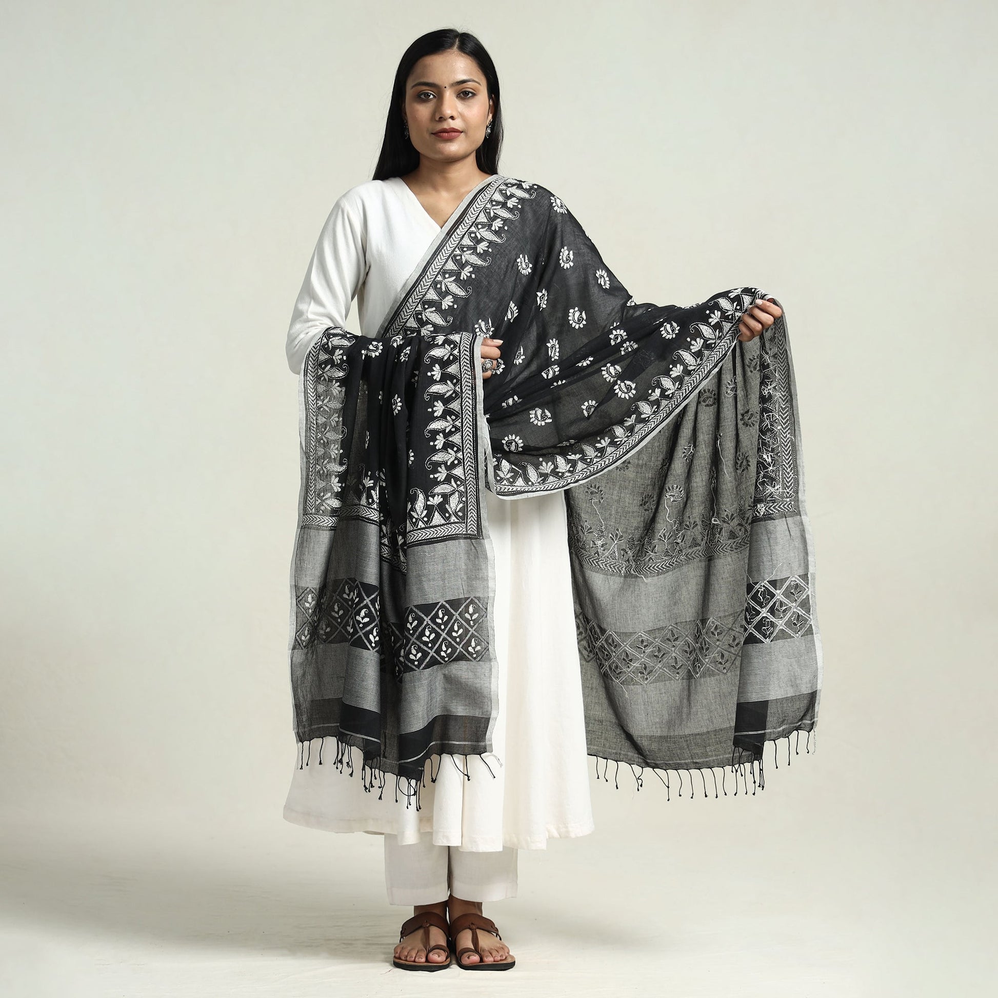 Black - Bolpur Kantha Embroidery Cotton Handloom Dupatta with Tassels