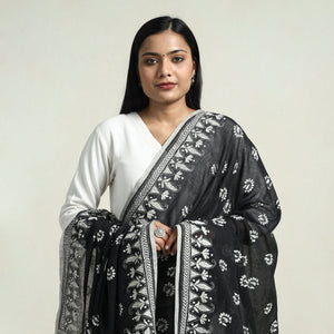 Black - Bolpur Kantha Embroidery Cotton Handloom Dupatta with Tassels