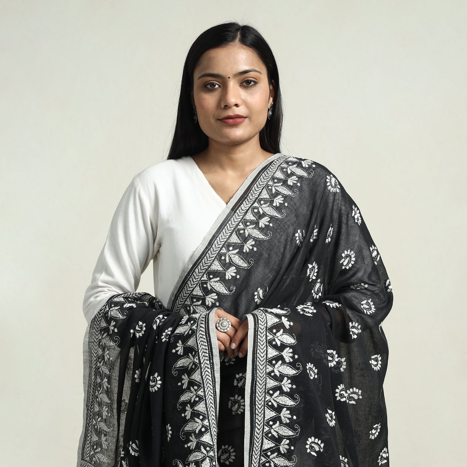 Black - Bolpur Kantha Embroidery Cotton Handloom Dupatta with Tassels
