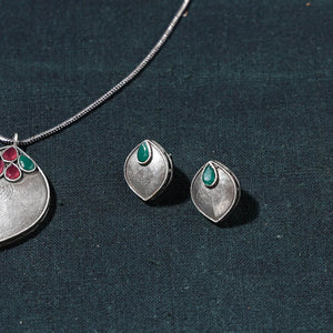 Antique Silver Finish Oxidised Brass Base Stone Work Necklace Set
