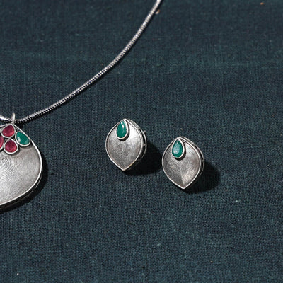 Antique Silver Finish Oxidised Brass Base Stone Work Necklace Set