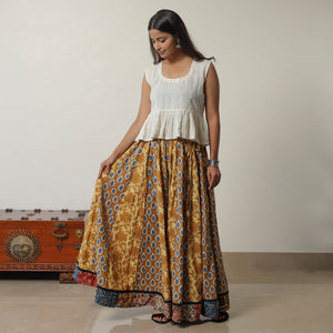Brown - Bagru Block Printed 24 Kali Patchwork Cotton Long Skirt 07