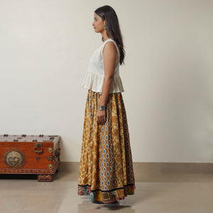 Brown - Bagru Block Printed 24 Kali Patchwork Cotton Long Skirt 07