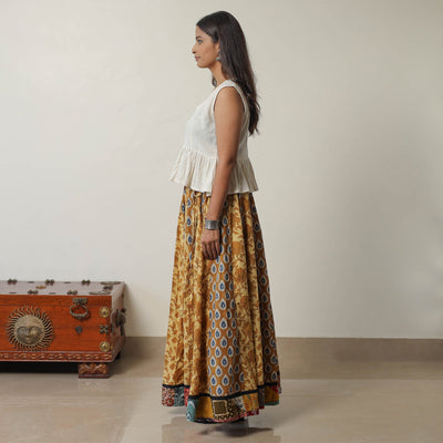 Brown - Bagru Block Printed 24 Kali Patchwork Cotton Long Skirt 07