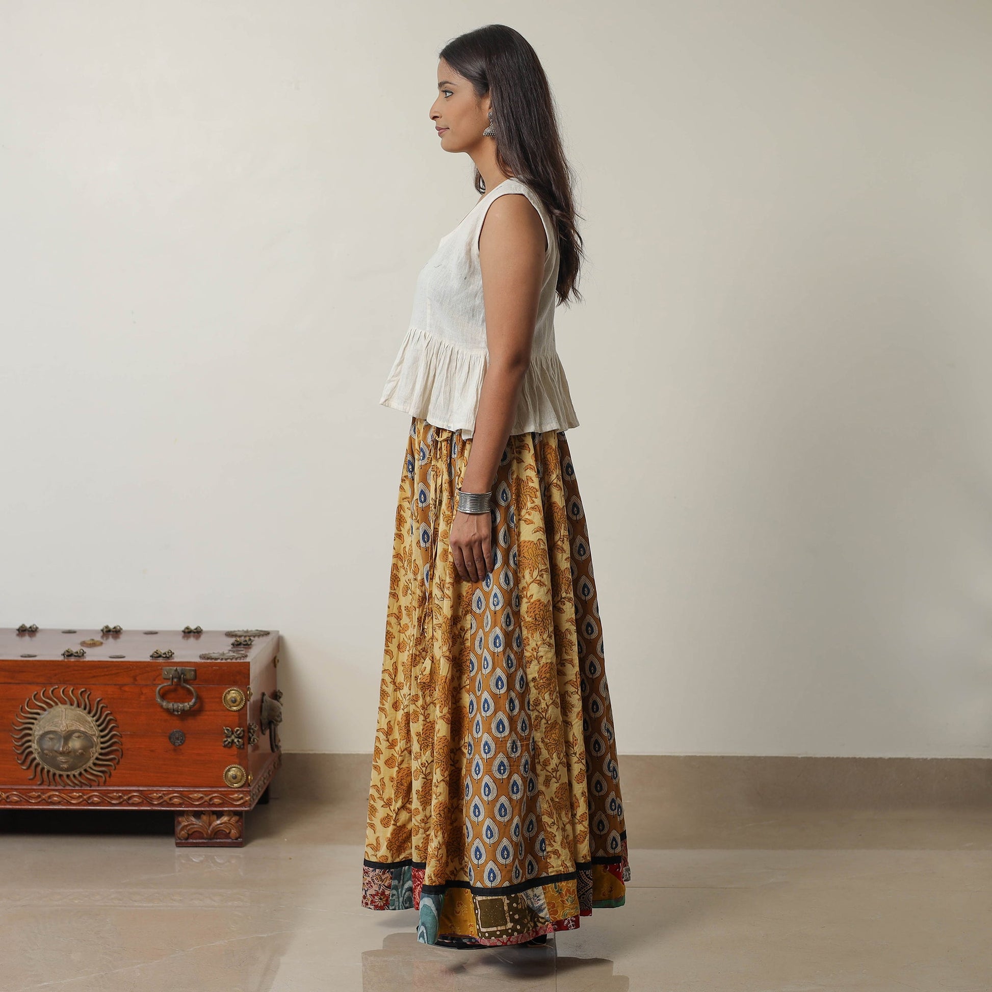 Brown - Bagru Block Printed 24 Kali Patchwork Cotton Long Skirt 07