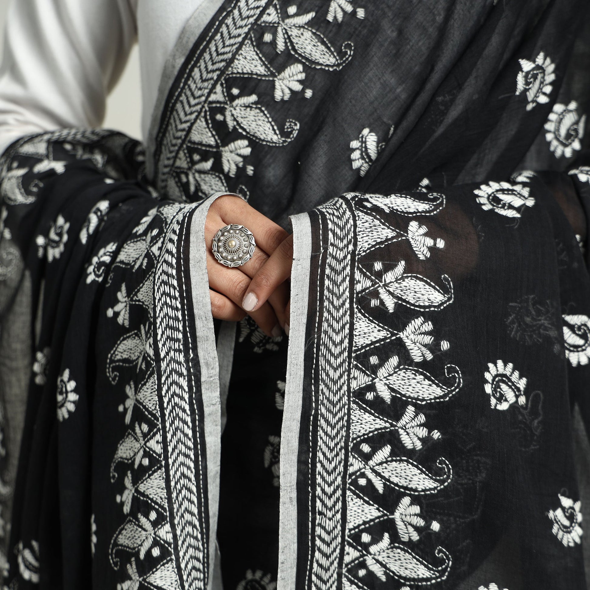 Black - Bolpur Kantha Embroidery Cotton Handloom Dupatta with Tassels