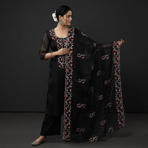 Black Kota Doria Embroidery Silk Kurta with Palazzo & Dupatta Set