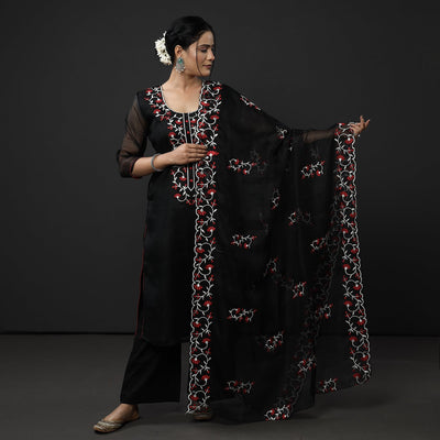 Black Kota Doria Embroidery Silk Kurta with Palazzo & Dupatta Set