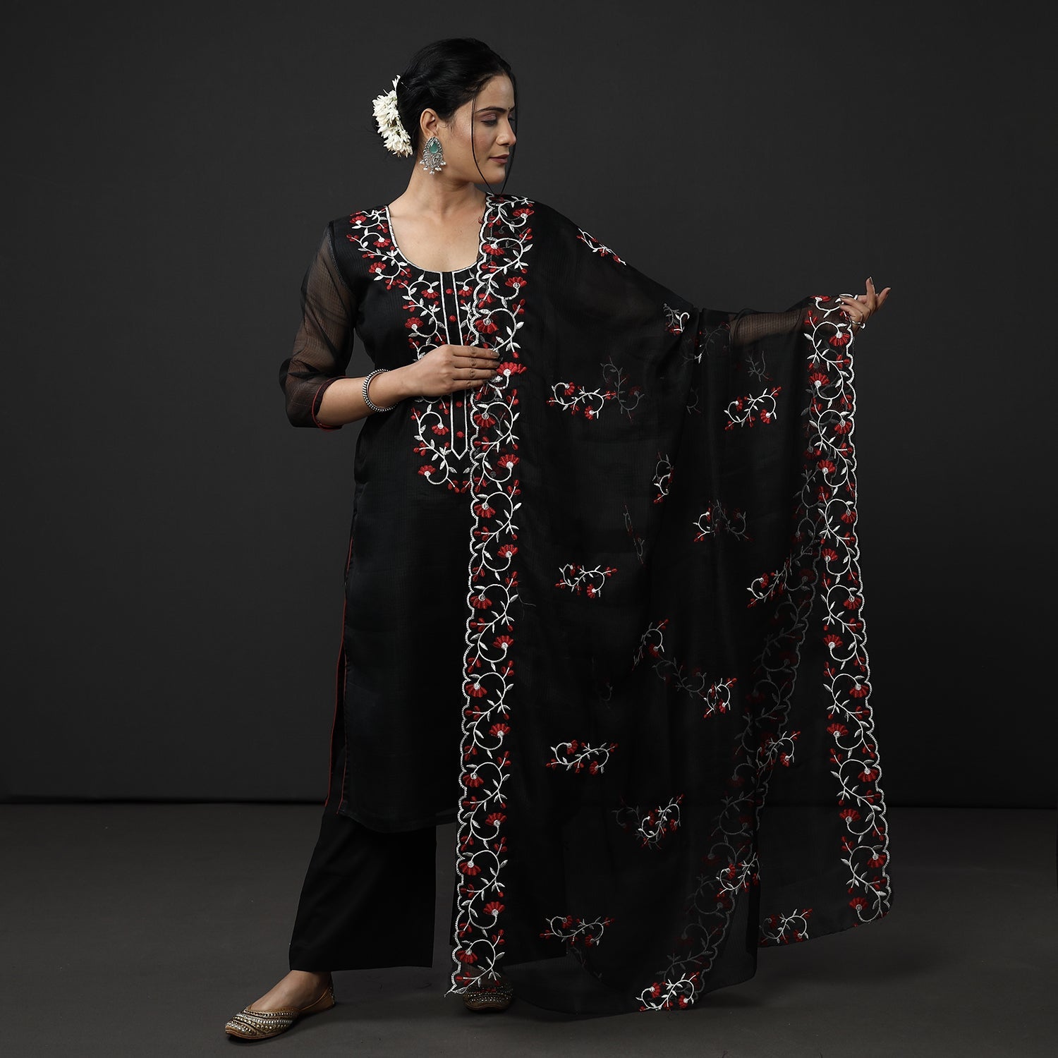 Black Kota Doria Embroidery Silk Kurta with Palazzo & Dupatta Set
