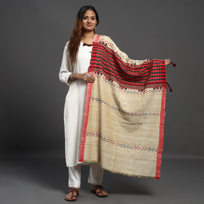 Beige - Assamese Gero Design Mising Eri Silk Handloom Shawl cum Stole
