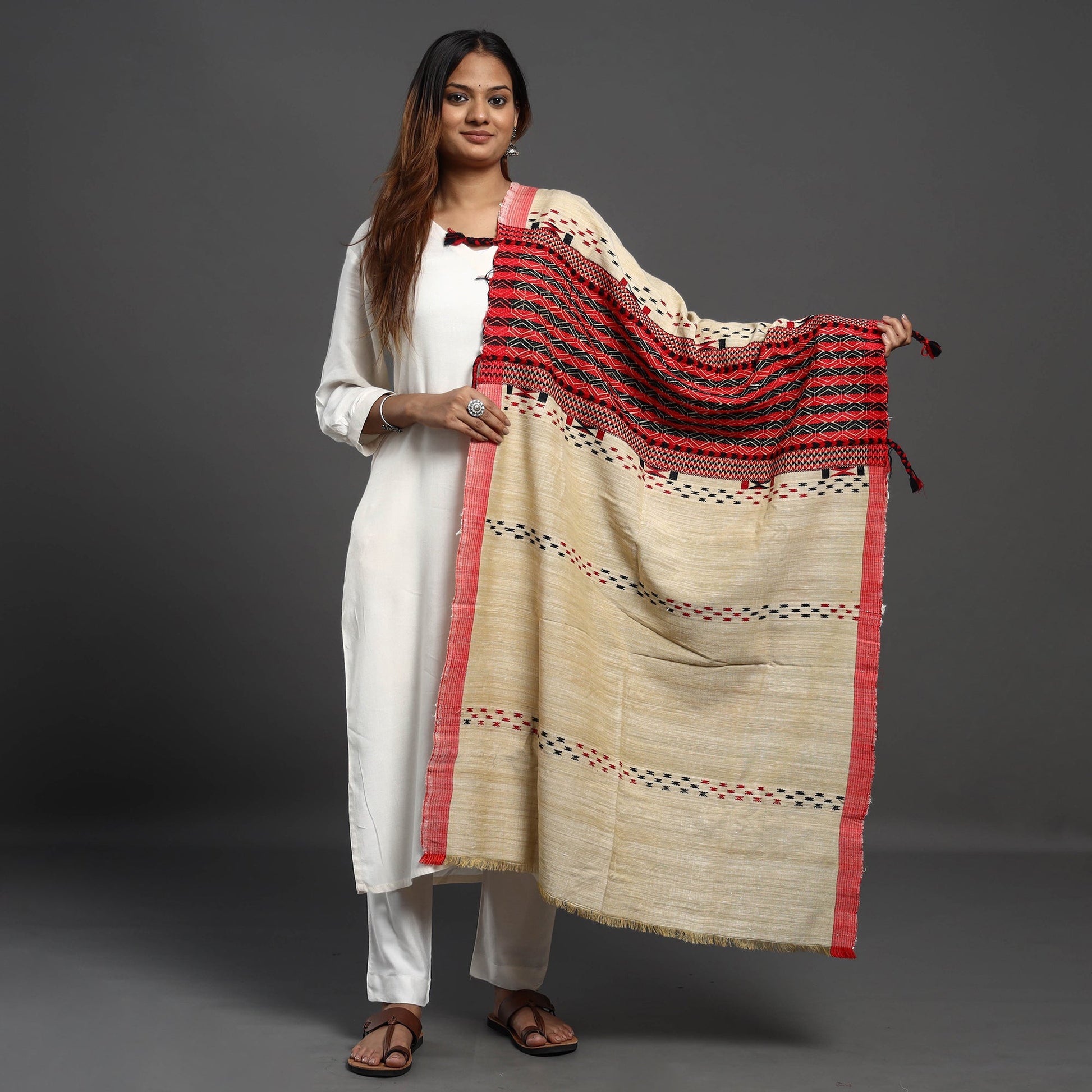 Beige - Assamese Gero Design Mising Eri Silk Handloom Shawl cum Stole