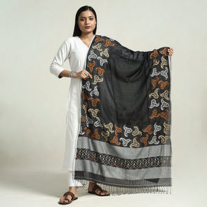 Black - Bolpur Kantha Embroidery Cotton Handloom Dupatta with Tassels