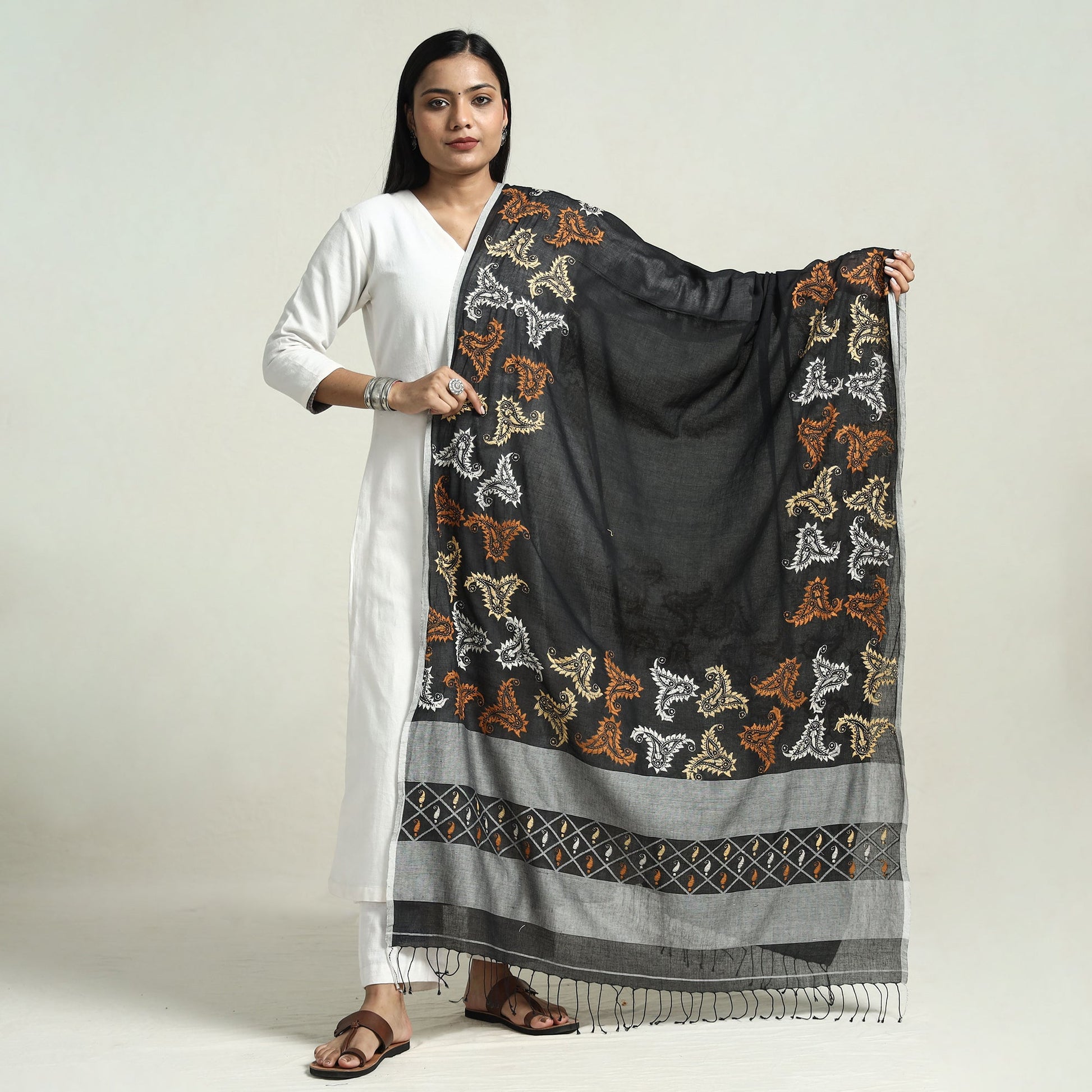 Black - Bolpur Kantha Embroidery Cotton Handloom Dupatta with Tassels